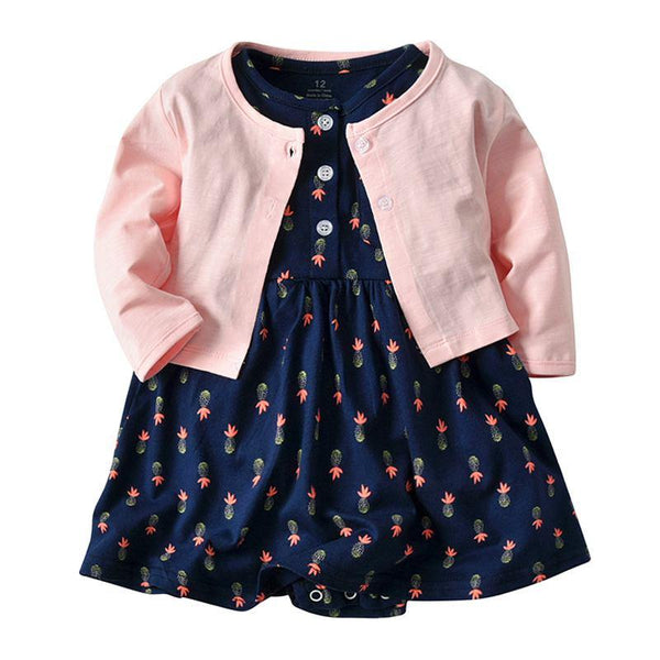 Baby Girls 2 Pcs Set Cotton Solid Color Outerwear And Pineapple Printed Dress
