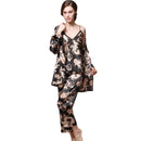 Women Fashion Floral Printed 3pcs/set Autumn Winter Silk Pajamas