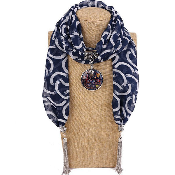 Bohemian Style Women Fashion Printed Chiffon Scarf Tassel Necklace