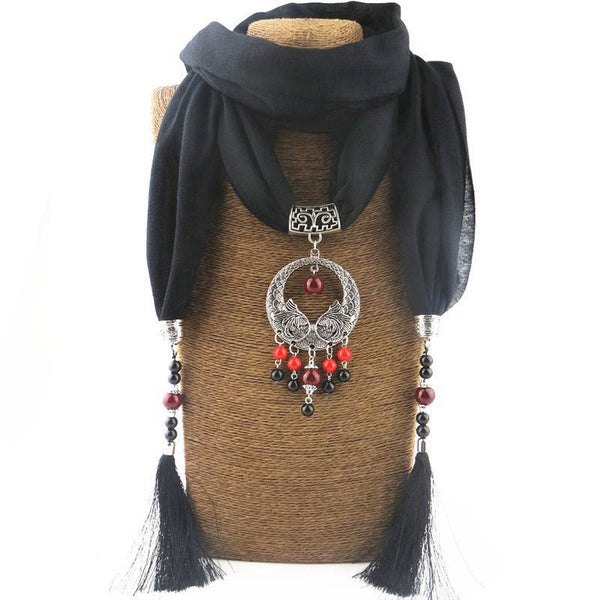 New Design Vintage Style Women Solid Color Polyester Scarf Tassel Necklace