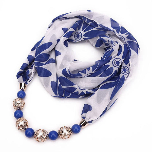 Fashion Bright Color Floral Printed Women Chiffon Scarf Beaded Necklace