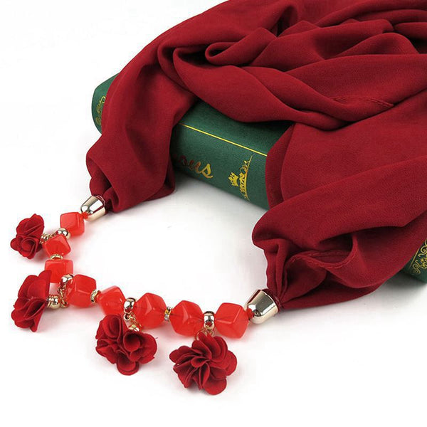 Elegant Women Little Flowers Pendant Beaded Necklace Scarf