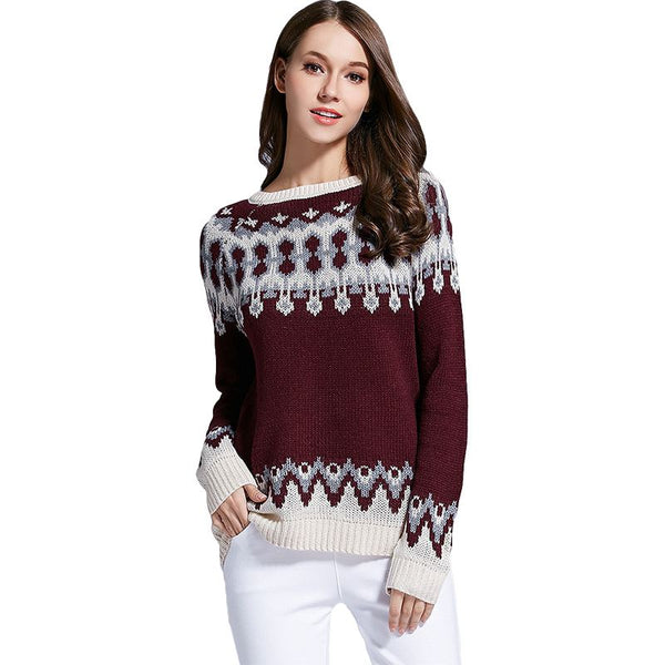 Fashion Jacquard Weave Design Women Classic Pullover Sweater