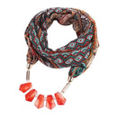 Women Bright Color Resin Beads Pendant Necklace Floral Printed Chiffon Scarf