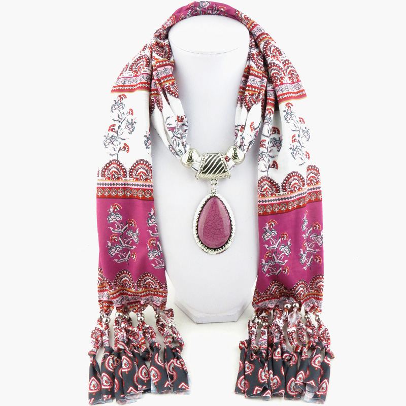 Fashion Floral Printed Women Long Scarf Drop Pendant Necklace
