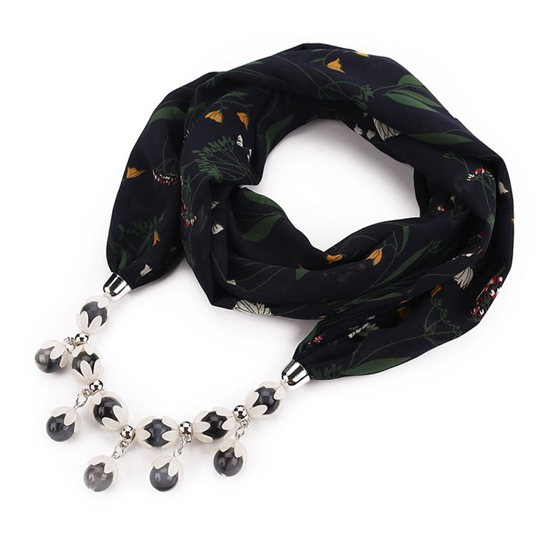 Fashion Solid Color Chiffon Scarf Bright Color Beads Pendant Necklace