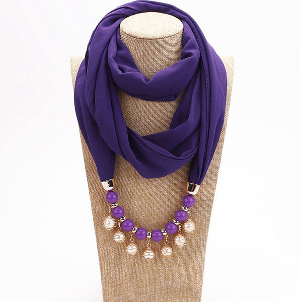 Fashion Crystal Beads Pendant Women Solid Color Chiffon Scarf