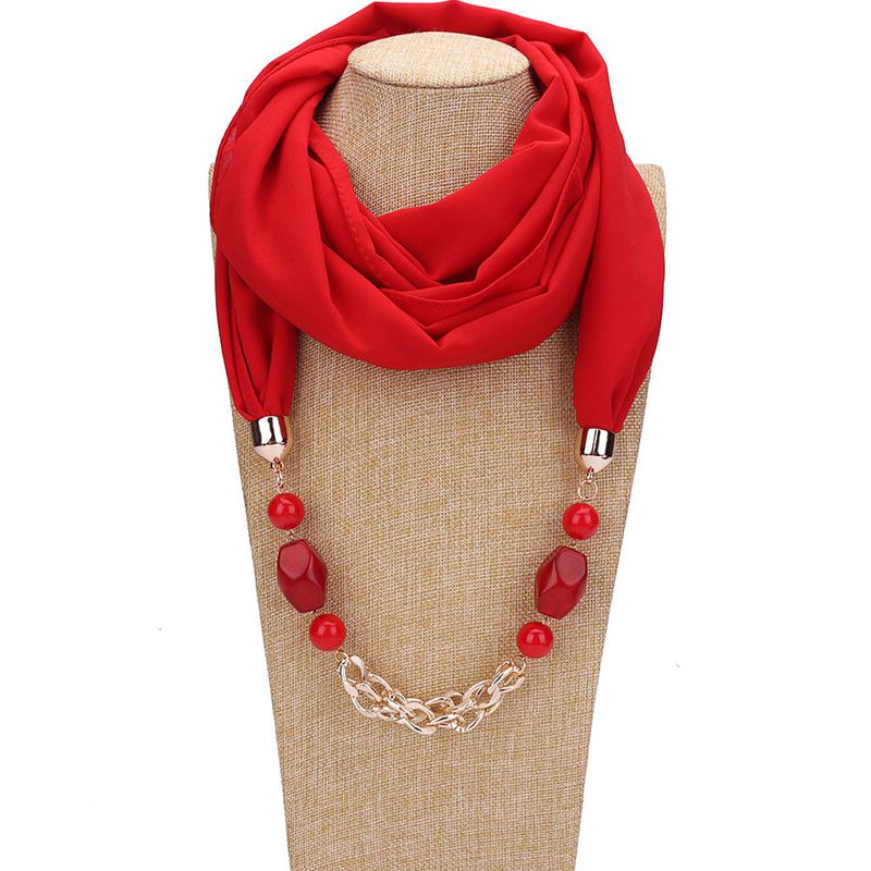 Good Quality Acrylic Beaded Necklace Women Solid Color Chiffon Scarf