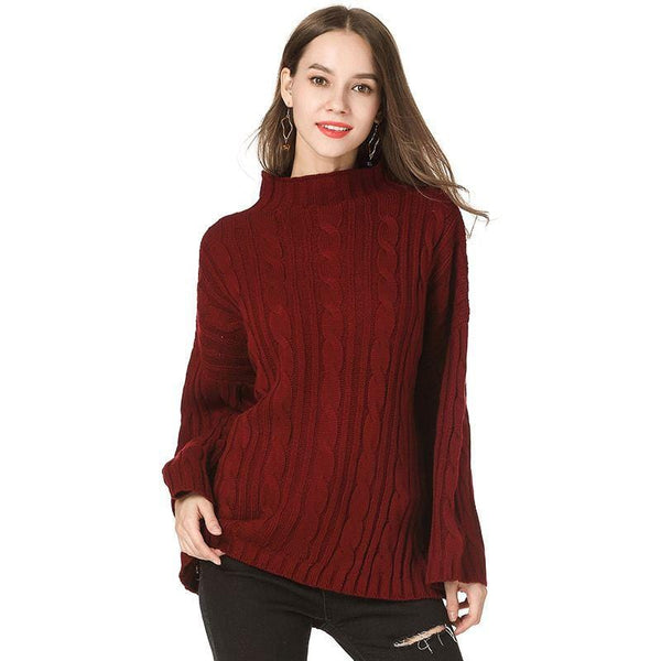 Women Classic Knitting Pattern Long Sleeves Turtle Neck Sweater