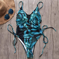 Women Vacation Tropical Leaves Print Sexy Lace-up One-Piece Swimsuit