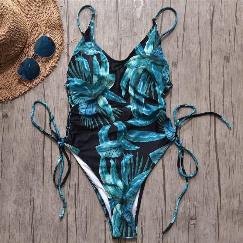 Women Vacation Tropical Leaves Print Sexy Lace-up One-Piece Swimsuit