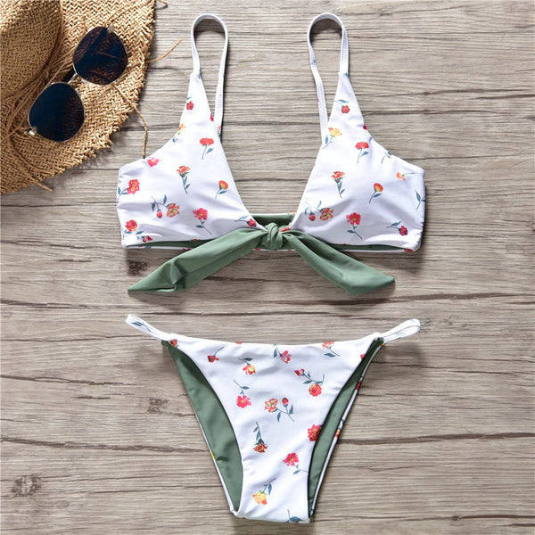 New Arrival Women Sweet Floral Printed Lace-up Design 2 Pieces Bikini Swimsuit