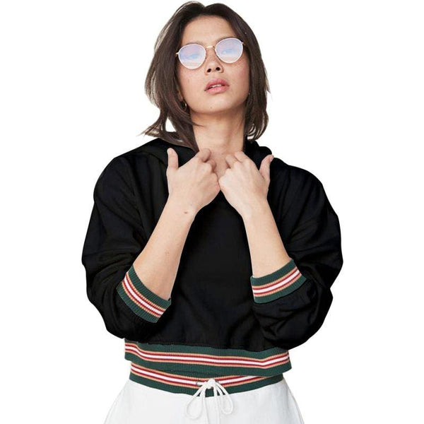 Women Simple Design Stripes Pattern Pullover Crop Hoodies