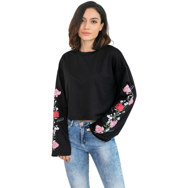 Fashion Unique Embroidered Flowers Design Women Flare Sleeves Casual Sweatshirt