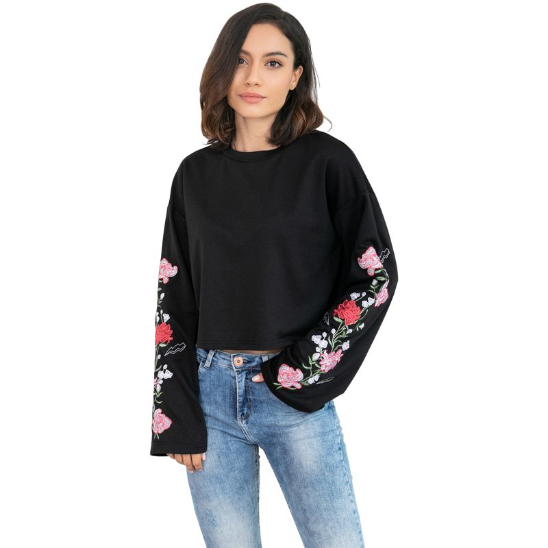 Fashion Unique Embroidered Flowers Design Women Flare Sleeves Casual Sweatshirt