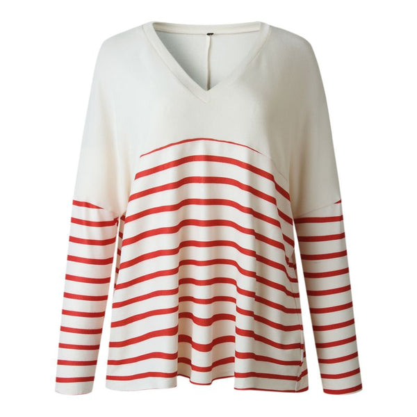 Casual Women Classic Stripes Design V Neck Loose Pattern Long Sleeves T-shirt