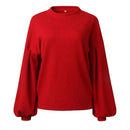 Women Fashion Bright Color Knitted Round Neck Lantern Sleeves Sweater