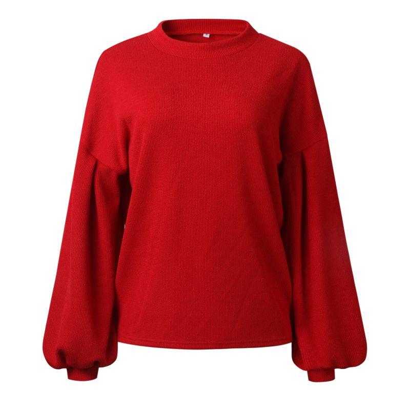 Women Fashion Bright Color Knitted Round Neck Lantern Sleeves Sweater