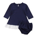 2 Pcs Set Girls Patchwork Round Neck Long Tops And Elastic Waist Shorts