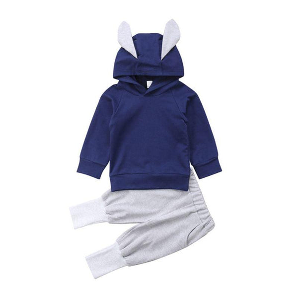 2 Pcs Set Babies Solid Color Bunny Ear Pattern Hoodies And Pants