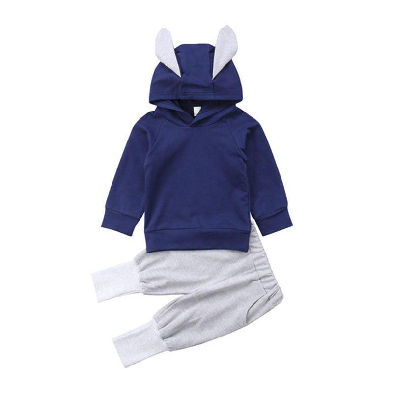 2 Pcs Set Babies Solid Color Bunny Ear Pattern Hoodies And Pants