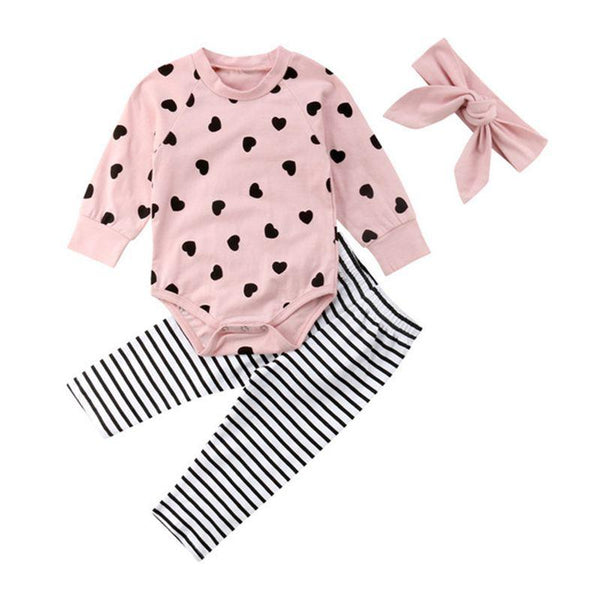 3 Pcs Set Girls Long Sleeves Heart Printed Bodysuit And Stripes Pant With Headband