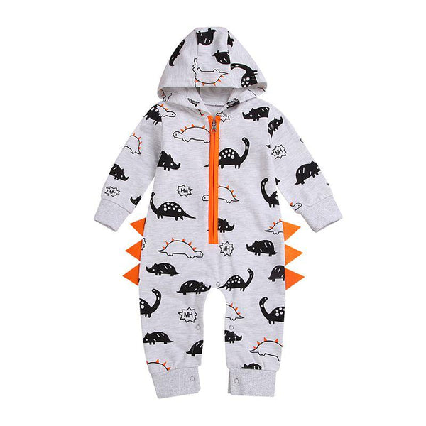 Babies Cotton Cartoon Dinosaur Pattern Hooded Zipper Jumpsuit