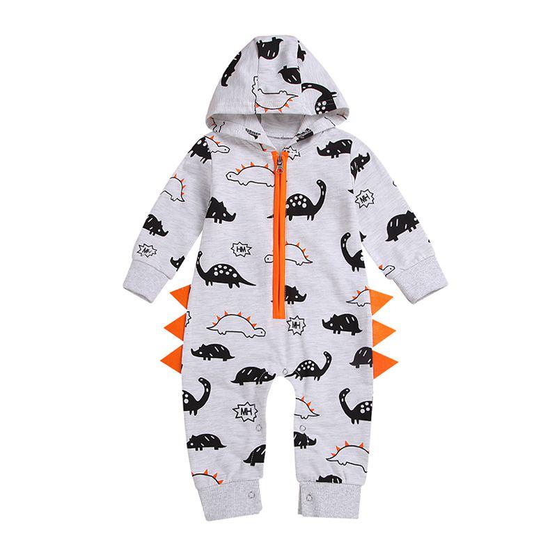 Babies Cotton Cartoon Dinosaur Pattern Hooded Zipper Jumpsuit