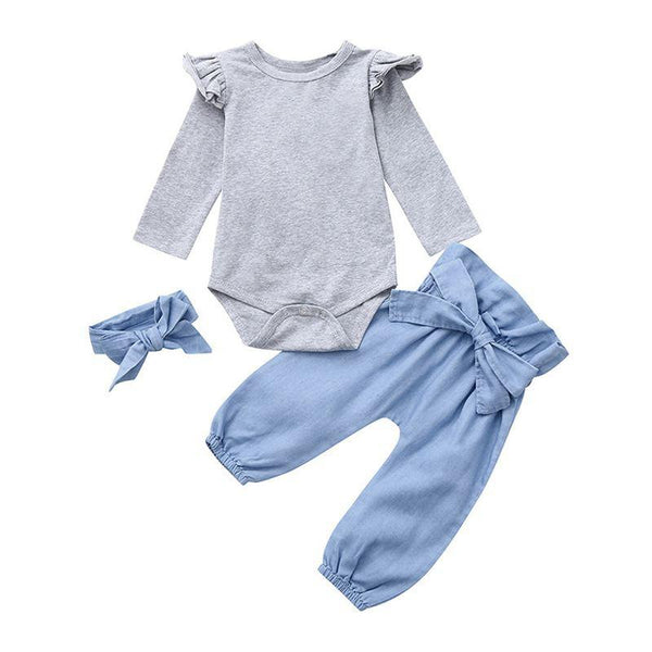 3 Pcs Set Casual Style Girls Ruffle Sleeves Bodysuits And Lace Up Pants With Headband