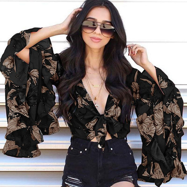 Irregular Flouncing Flare Sleeves Design Women Floral Printed Crop Top