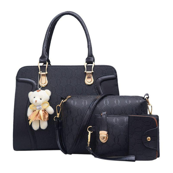 4 Pcs Set Solid Color PU Leather Women Simple Design Tote Bags