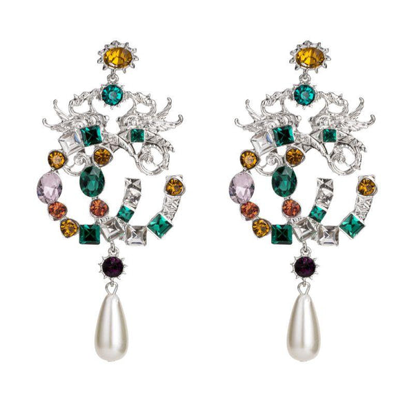 Fashion Vintage Palace Design Women Multicolor Rhinestone Pearl Drop Earrings