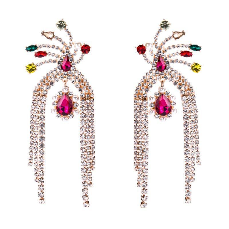 Women Exaggerated Luxury Colored Shiny Rhinestone Tassel Party Earrings