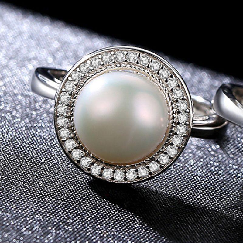 Luxury Sterling Silver Shiny Zircon Freshwater Pearl Adjustable Ring