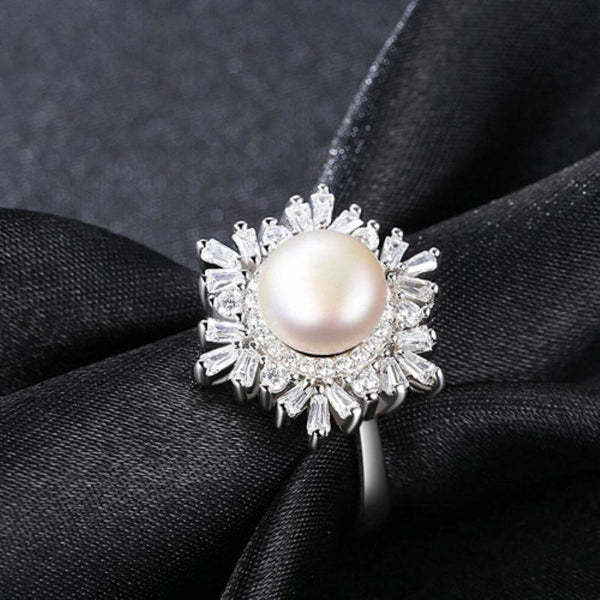 Fashion Snowflake Design 925 Silver Freshwater Pearl Ring