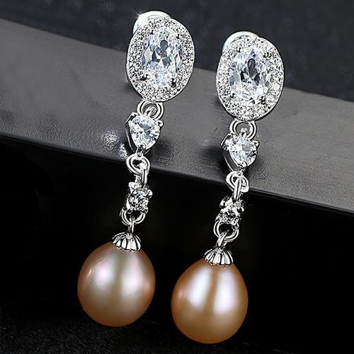 Luxury 3A Zircon Freshwater Oval Pearl Dangle Silver Earrings
