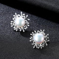 Elegant Women Snowflake Design Luxury 925 Silver Pearl Stud Earrings