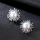 Elegant Women Snowflake Design Luxury 925 Silver Pearl Stud Earrings