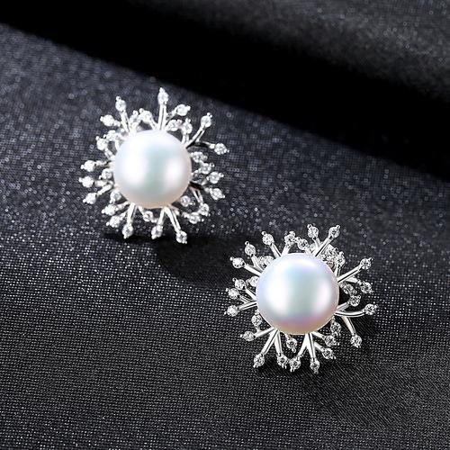 Elegant Women Snowflake Design Luxury 925 Silver Pearl Stud Earrings