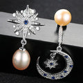 Creative Asymmetric Design Sterling Silver Star And Moon Pearl Earrings