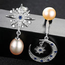 Creative Asymmetric Design Sterling Silver Star And Moon Pearl Earrings