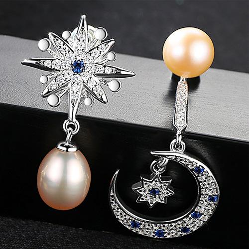 Creative Asymmetric Design Sterling Silver Star And Moon Pearl Earrings