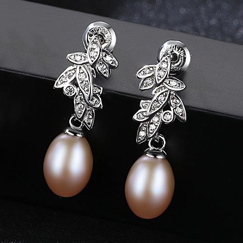 Fashion Leaves Design Luxury Sterling Silver Zircon Natural Pearl Earrings