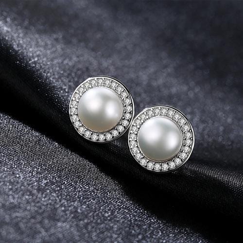 Women Luxury Zircon Natural Freshwater Pearl Silver Stud Earrings