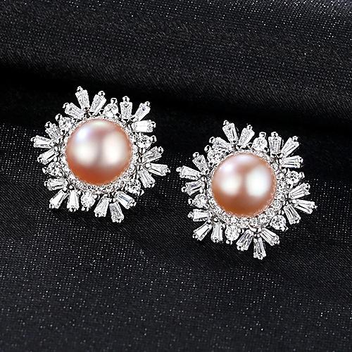 Fashion Unique Snowflake Design Luxury Sterling Silver Natural Peal Stud Earrings