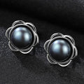 Women 8-8.5mm Natural Pearl Hollow Flower Design Silver Earrings
