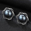 Women 8-8.5mm Natural Pearl Hollow Flower Design Silver Earrings