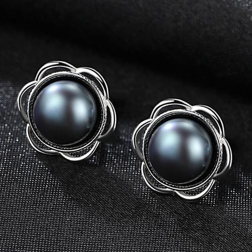 Women 8-8.5mm Natural Pearl Hollow Flower Design Silver Earrings