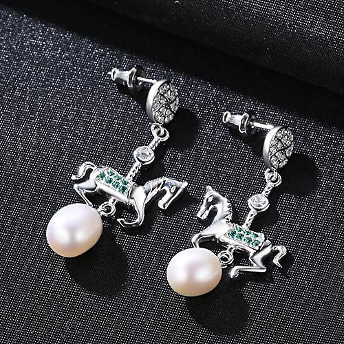 Funny Merry-go-round Design Luxury Zircon Sterling Silver Pearl Earrings