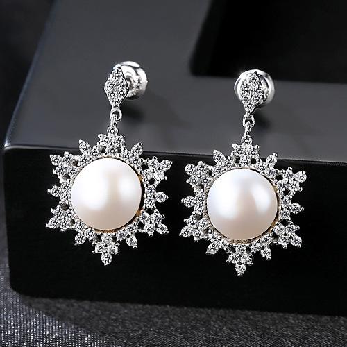 Luxury 925 Sterling Silver Jewelry Unique Snowflake Natural Pearl Earrings